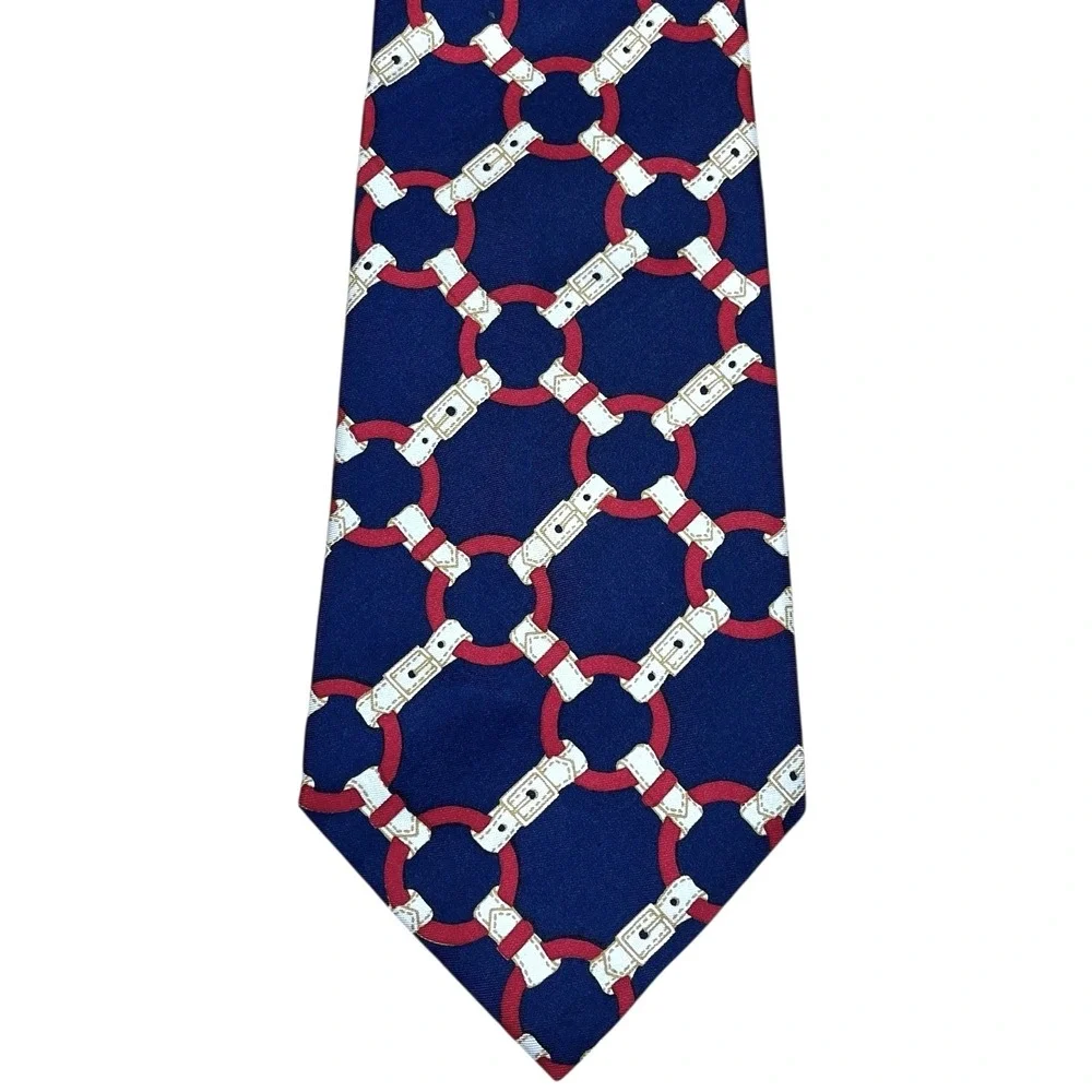 Vintage Neiman Marcus 100% Silk Necktie Navy‎ Blue Buckle Chain Links